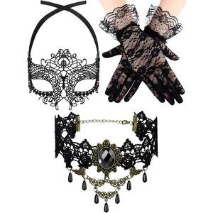 Elegant Black Lace Masquerade Costume Set: Mask, Gloves & Choker Necklace